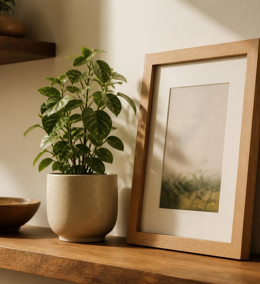 Potted plant and a simple wooden picture frame on a shelf in a warm, sunlit home