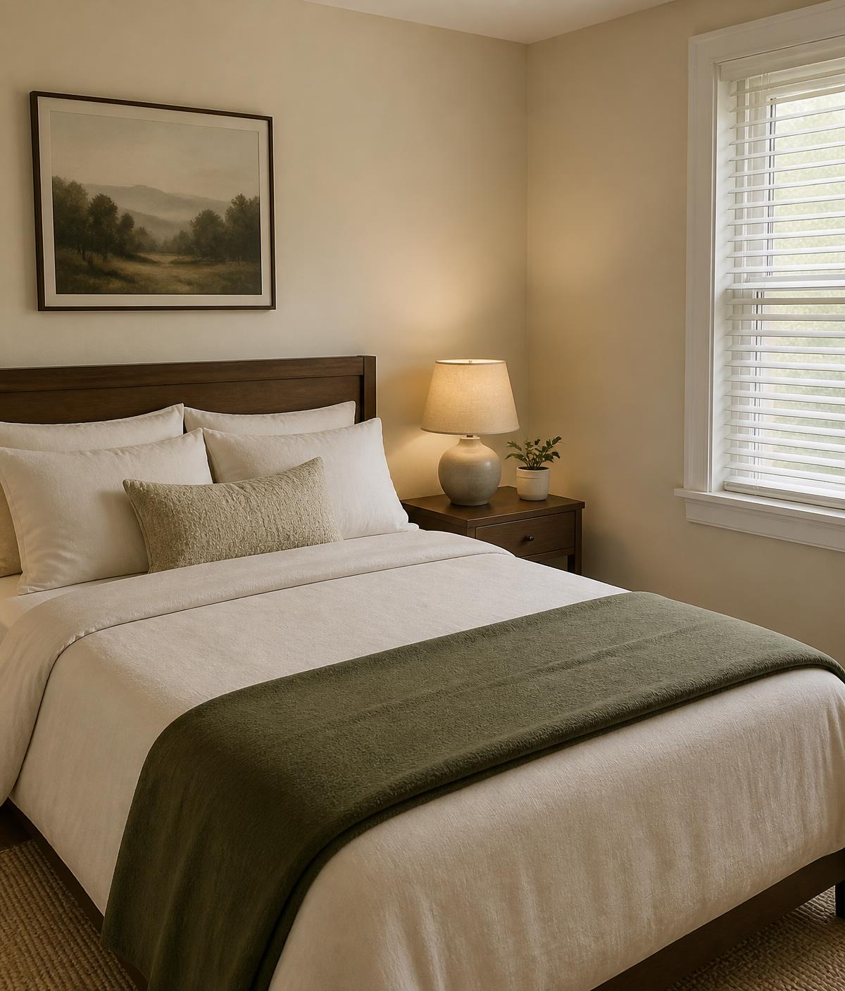 Furnished private bedroom with a made bed, warm lamp light and a window