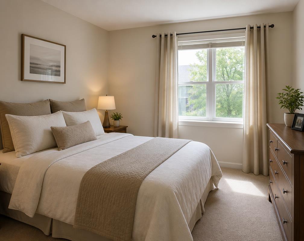 Tidy furnished bedroom with a made bed, dresser and daylight through a curtained window