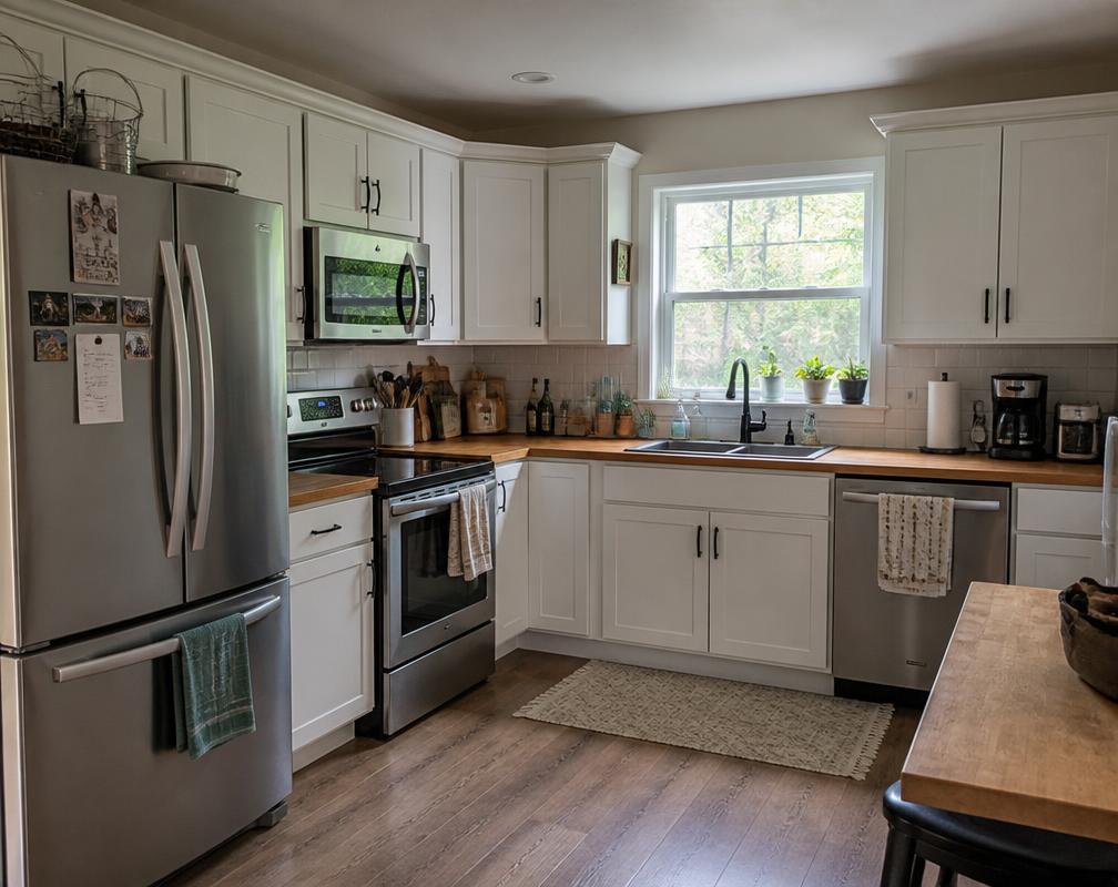 Everyday household kitchen with white cabinets, stove, refrigerator and a window above the sink