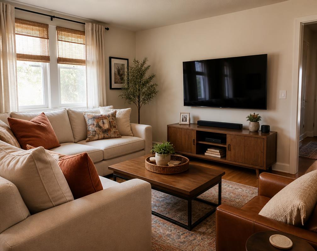 Furnished living room with a cream sofa, terracotta cushions and a television in a shared Homeworth home