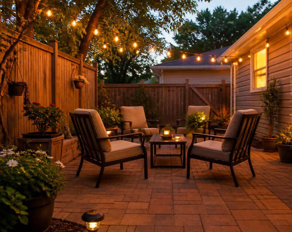 Backyard patio with chairs, a small table and string lights glowing at dusk