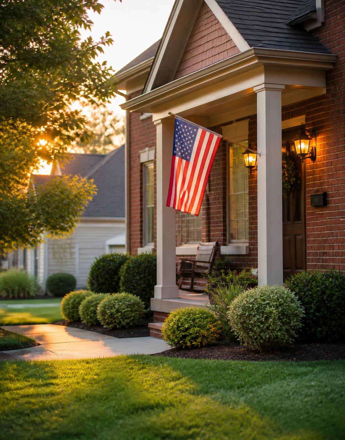 Front porch of a comfortable brick home at golden hour with a small flag by the door
